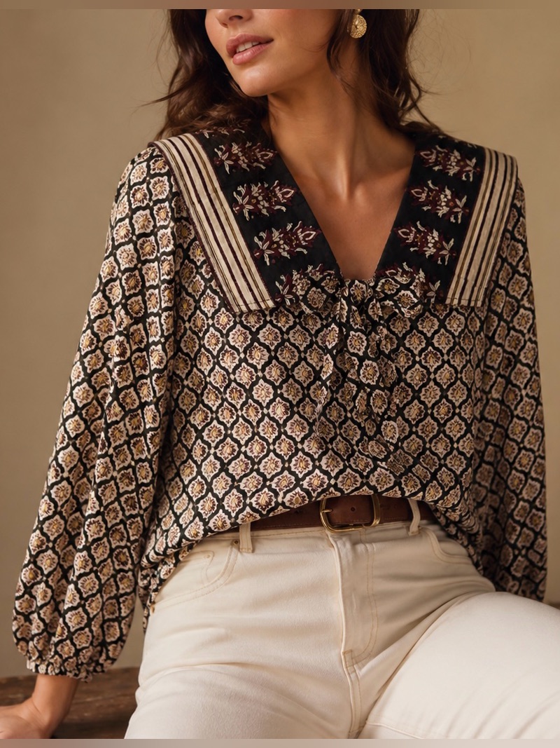 Cleobella Reiki Block Print Organic Cotton Boho Top Bow V-Neck Size S